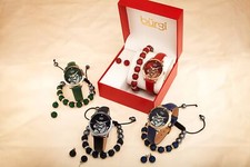 Women's Burgi BUR244 Crystal Earing Bracelet Leather Diamond Marker Watch Set