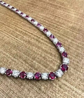 18.00Ct Round Cut Lab Created Ruby Diamond Tennis Necklace 14K White Gold Plated