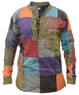 Plain Patchwork Multicolor Lace Up Grandad Collared Stone Washed Boho Shirt