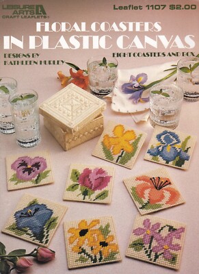 FLORAL COASTERS Plastic Canvas Pattern Leaflet Leisure Arts 8 Designs Plus Box