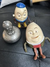 Vintage Lot of 3 Humpty Dumpty-Wind-Up Toy/Figure & Silver Trinket Box W/ Lining