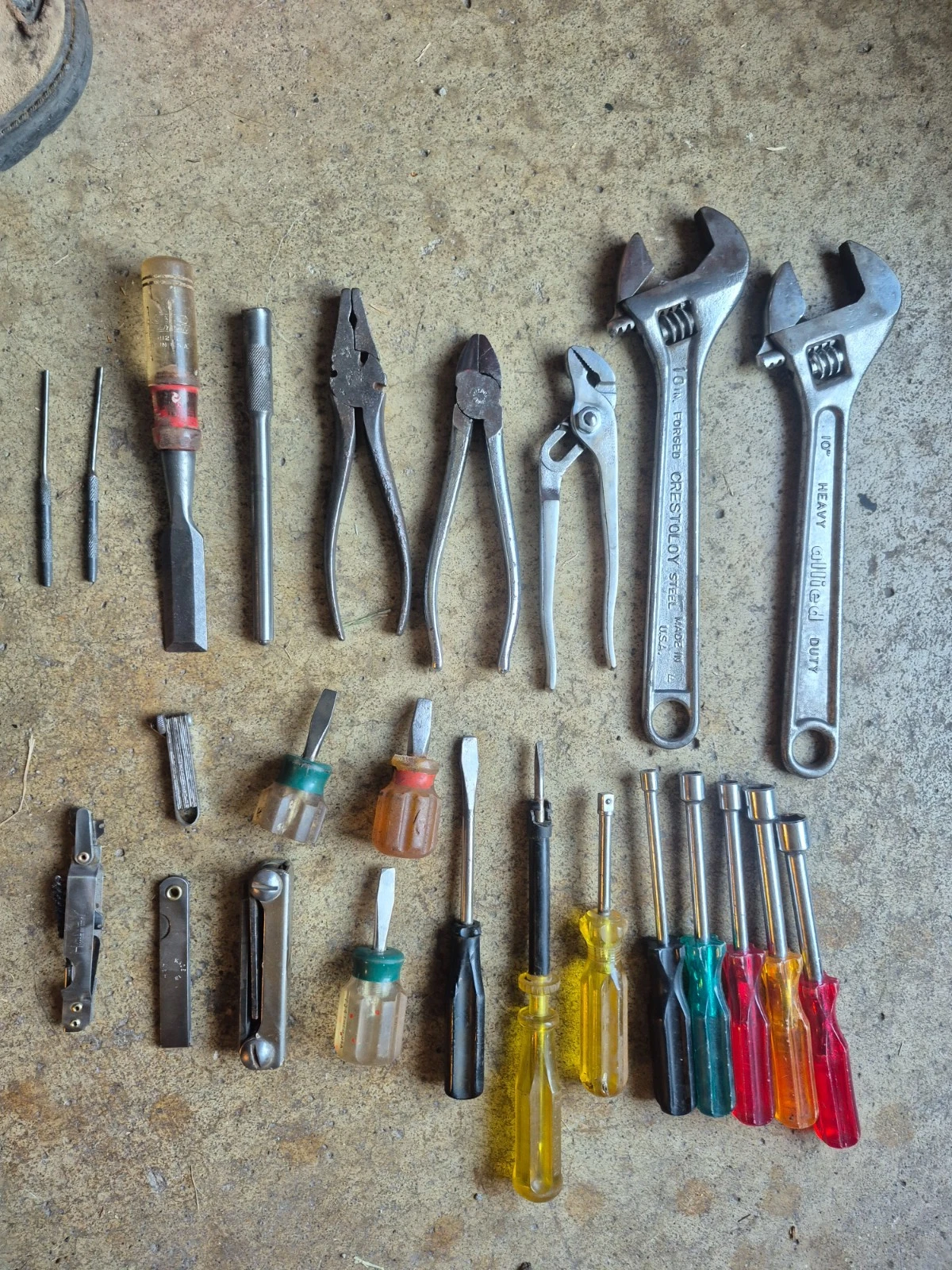 vintage tool lot pliers adjustable wrench punch chisel nut driver Lot A