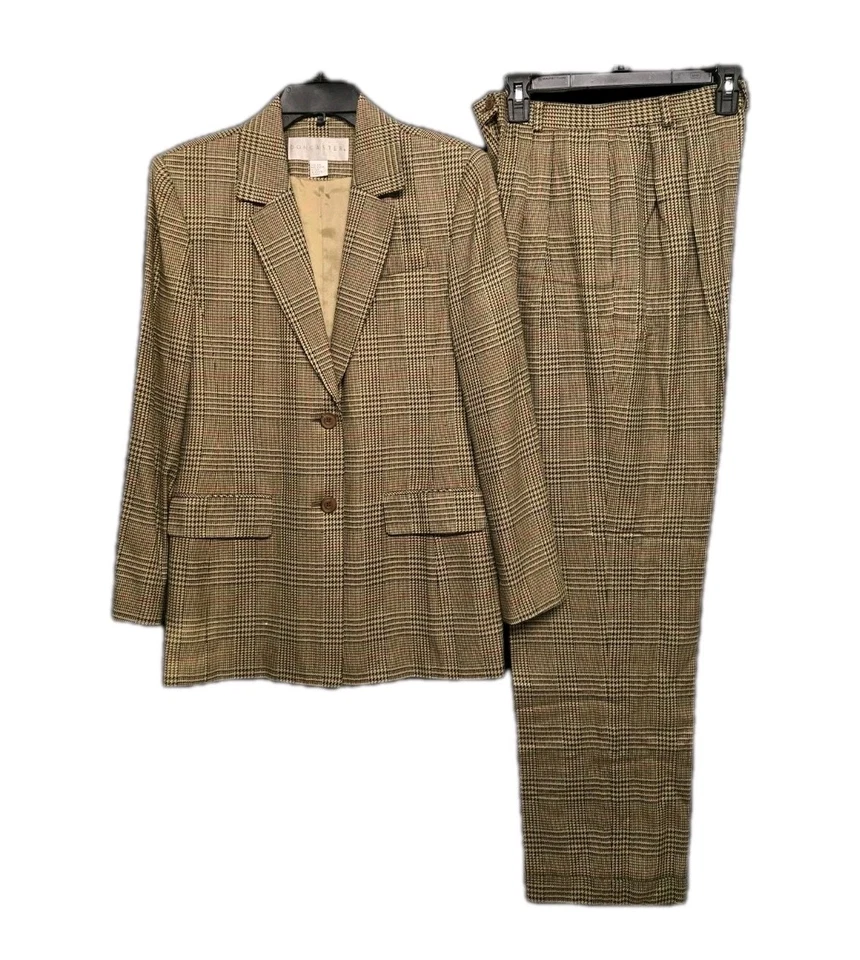 Vintage Doncaster Womans 8 Tan Glen Plaid Pant Suit 100% Silk Classic Academia - Image 4 of 4