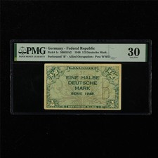 1948 Germany-Federal Republic 1/2 Deutsche Mark Pick#1c PMG 30 Very Fine