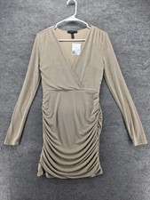 Forever 21 Dress Womens M Beige Bodycon Short V-Neck Ruched Long Sleeve Party