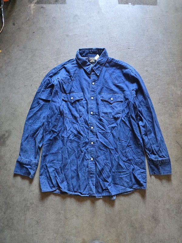 Vintage 1980s Denim Western Shirt Saddle King KEY Pearl Snap Mens XL Blue Cowboy