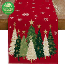 Christmas Table Runner 13X72 Inch Snowflakes Trees Winter Decor Red Polyester