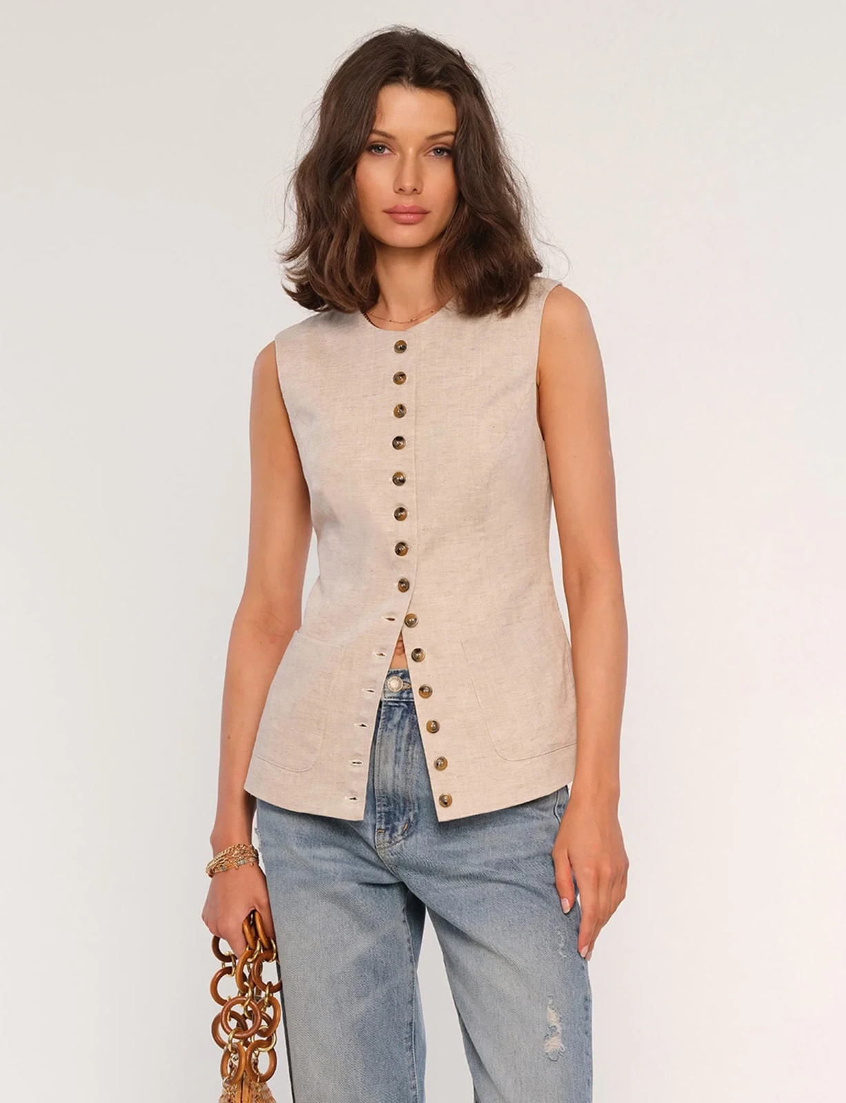 Heartloom Josette Vest Ecru Small Linen NWT Long-line Cinched Waist Crew Neck