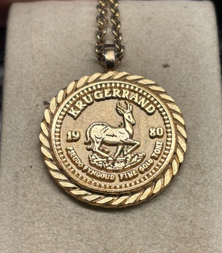 1980 South Africa faux GOLD tone KRUGERRAND Coin Necklace 20"