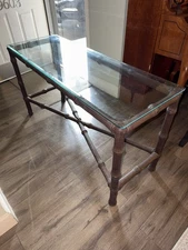 Glass Topped Solid Wood Bamboo Accent Dining Room Table – VGC – GORGEOUS TABLE