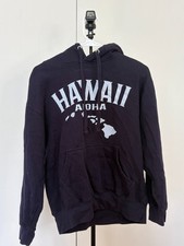 Hawaii Aloha Graphic Hoodie Navy Blue Palm Tree Sleeve Print   Size M