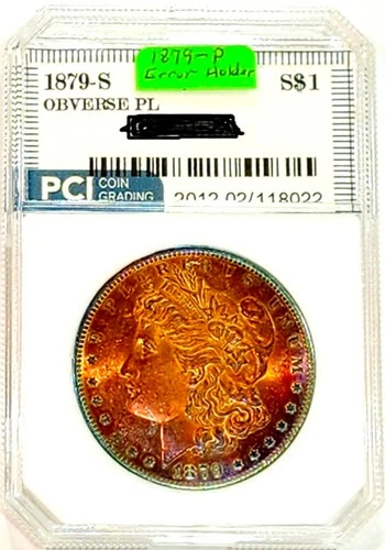 1879-P Rare Date Gem BU ++ PL Prooflike Morgan Dollar Rainbow Toned Error Holder