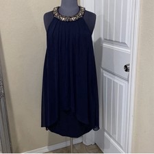 Vince Camuto Jeweled Neck Draped Chiffon Halter Trapeze Cocktail Dress Blue 14