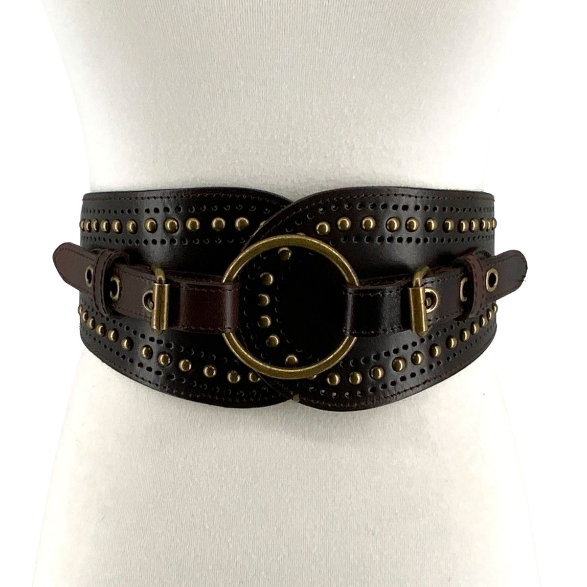 Women's Wide Elastic Waist Leather Belt with Brass Metal