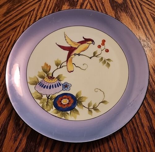NORITAKE BLUE LUSTERWARE BIRD AND FLOWERS 8 1/2" PLATE!  1920s - Picture 1 of 9