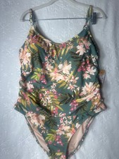 Kona Sol Women's Tropical Floral Print Shirred One Piece Swimsuit L 12-14 