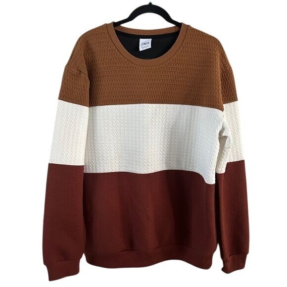 Zara Quilted Color Block Sweater Rust Tan Cream Sz XL Fall Winter