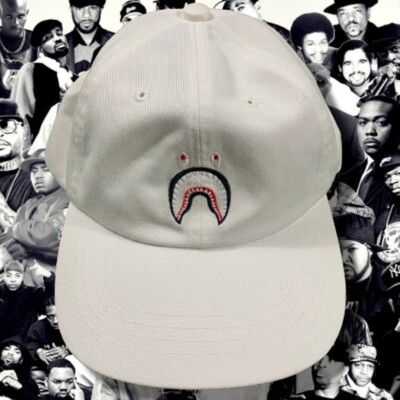 A BATHING APE BAPE SHARK PONR LOGO WHITE BLACK RED HAT 6 PANEL CAP 