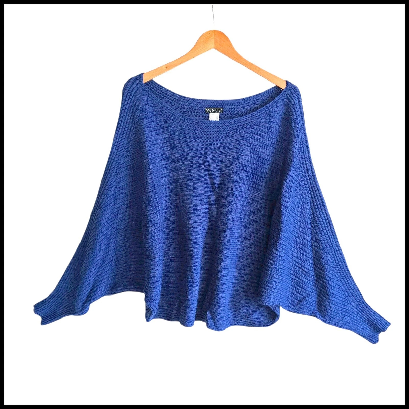 Venus Blue Poncho Sweater Batwing Sleeve Knit Pullover Top Large L