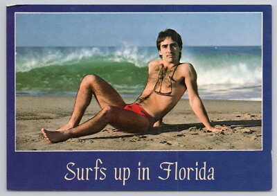 Postcard Surfs up in Florida Male Model in Bathing Suit on Beach