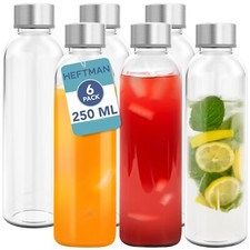 HEFTMAN Glass Bottles 250ml Water Smoothies Juice Airtight Leakproof Gym 6 Pack