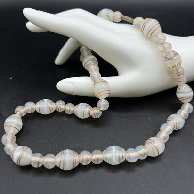 Vintage White & Gold Glitter Swirl Glass Necklace Single Strand Beaded 19 1/2''