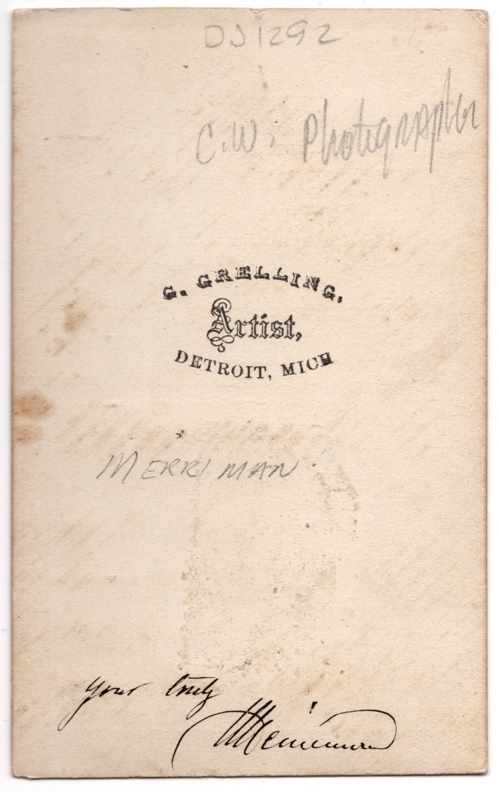 ANTIQUE CDV CIRCA 1860s G. GRELLING "MERRI MAN" OUTLAW? BEARDED CIVIL WAR ERA — additional view