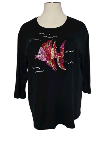 Quaker Factory Blouse Top 3/4 Sleeves Colorful Fish Sequence 3X Pullover Black