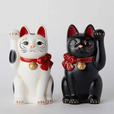 Set of 2 Japanese Lucky Cat SETO Maneki Neko White & Black Red Ribbon Ceramic