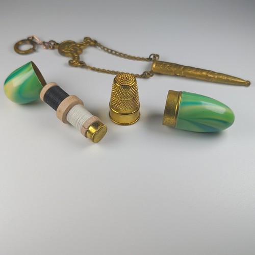 VTG German Travel Sewing Kit Etui Chatelaine Brass Thimble Marbled Green
