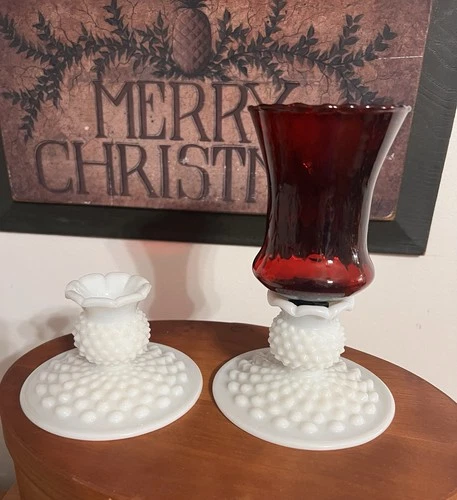 VTG 2 Fenton Hobnail White Milk Glass Candle Holders 3.25” Cottage Core **READ**