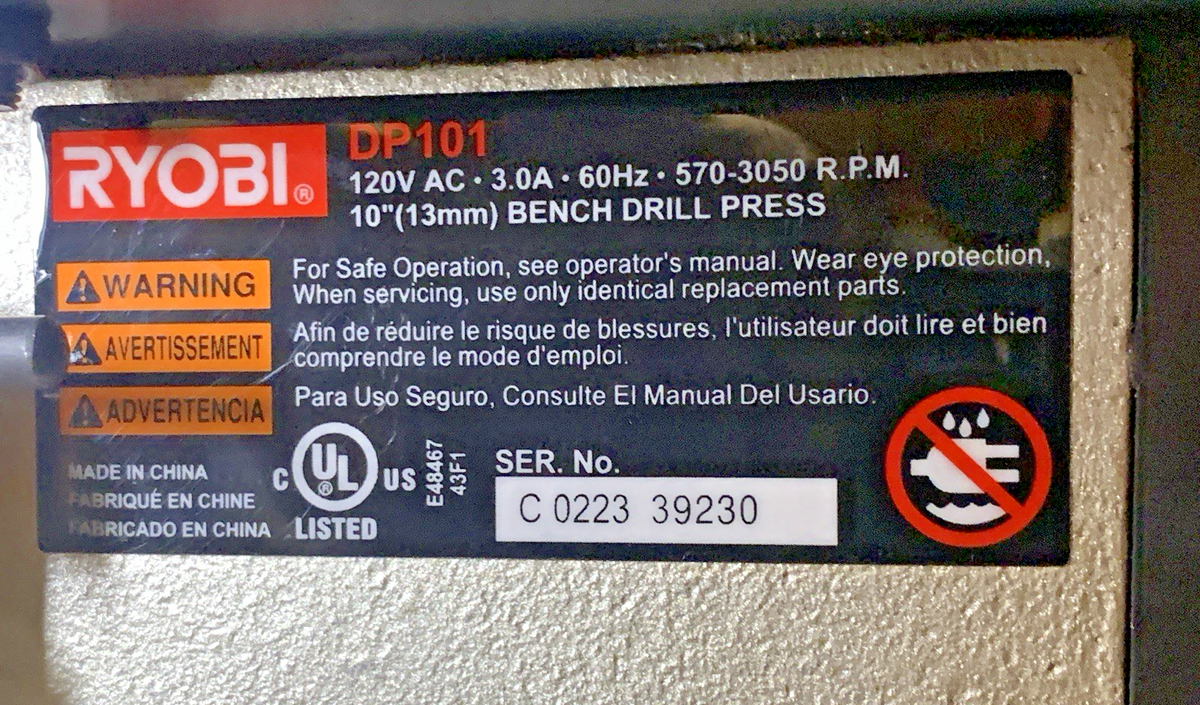 ｒｉｐページ Ryobi DP101 10” Bench Drill Press 120V 3AMP Motor Variable RPM