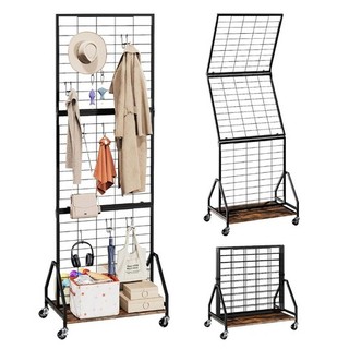 Foldable Grid Wall Panels Black & Wood Effect Rolling Display Rack 178cm