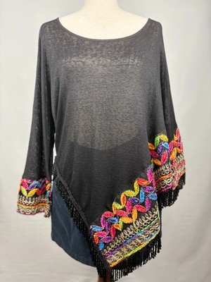 Adore Embroidered Poncho Black Fringe Boho Cape Wrap Colorful Detail Women?s L