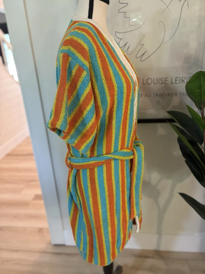 VNT 70s Tela de Terry a Rayas Larga Abierta Bata Natación Encubrimiento Con Capucha Mod Colorido S/M Foto 4 de 4