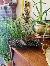 Vintage MCM Black Smoked Glass & Gold Accent Dish With Caddy & Dragonflies