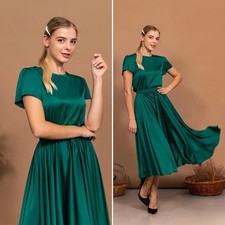 Emerald Green Bridesmaid Boat Neckline Tea Length  Short Sleeve Silk Satin Dress