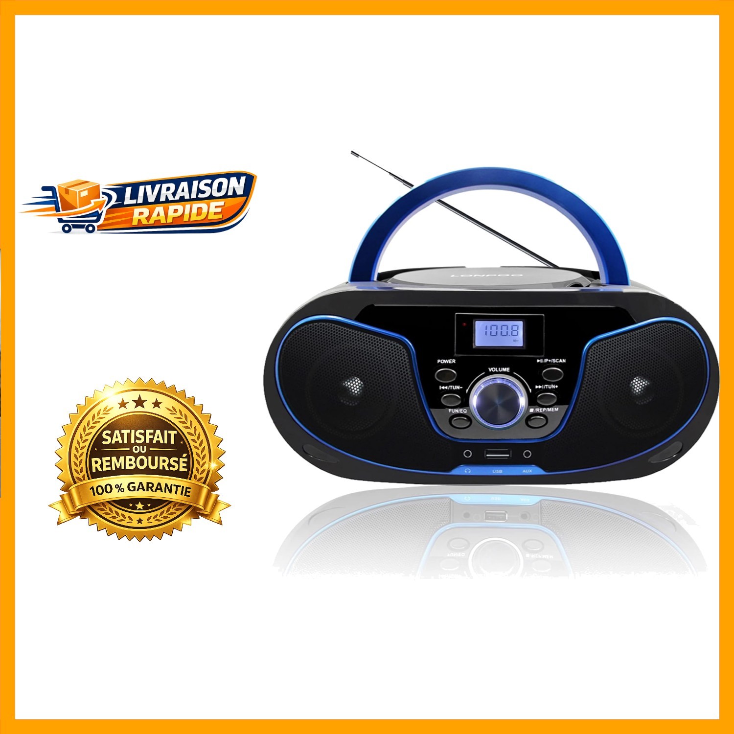 Boombox lecteur CD portable noir avec Bluetooth 5.3 et radio FM pour la maison