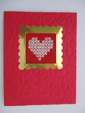Handmade Greeting Card Cross Stitch Completed Finished Christmas Heart