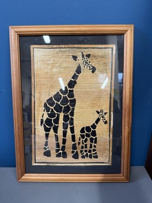 Afrikanische Kunst Bananenblatt Faser Collage Giraffe Safari gerahmt 11'' x 14'' Handarbeit