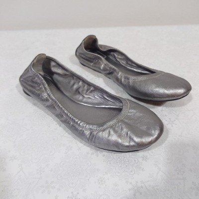 Tory Burch Silver Leather Ballet Flats Women Size 8.5 Slip On Round Toe