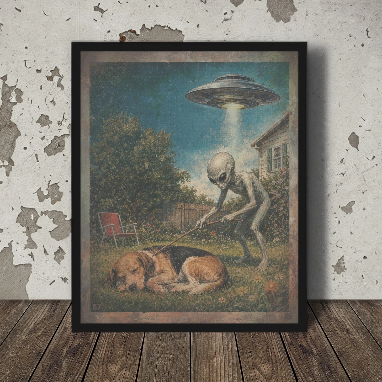Vintage ALIEN Disclosure Wall Art, SLEEPING DOG UFO Poster, Cryptid Sci-fi Decor