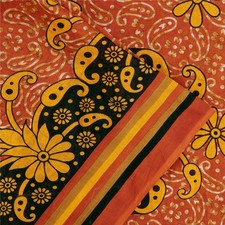 Sanskriti Vintage Orange Pure Cotton Saree Paisley Print Sari 5 yd Craft Fabric