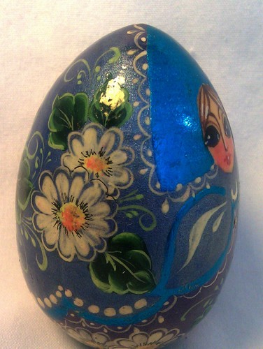 Russian Hand Painted+Foil Wooden Egg-Big Eyed Girl+Aqua Babushka-Solid Wood-3" - Bild 4 von 9