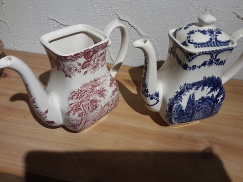 Staffordshire Englisch Ironstone Tableware blau rot weiß Kaffee Kanne,Geschirr - Bild 3 von 9