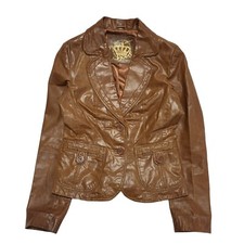 New Look Brown Button Leather Collared Jacket Uk Women's Size 10 CC644
