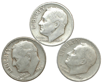1947-P-D-S Roosevelt silver dime year set of 3 coins