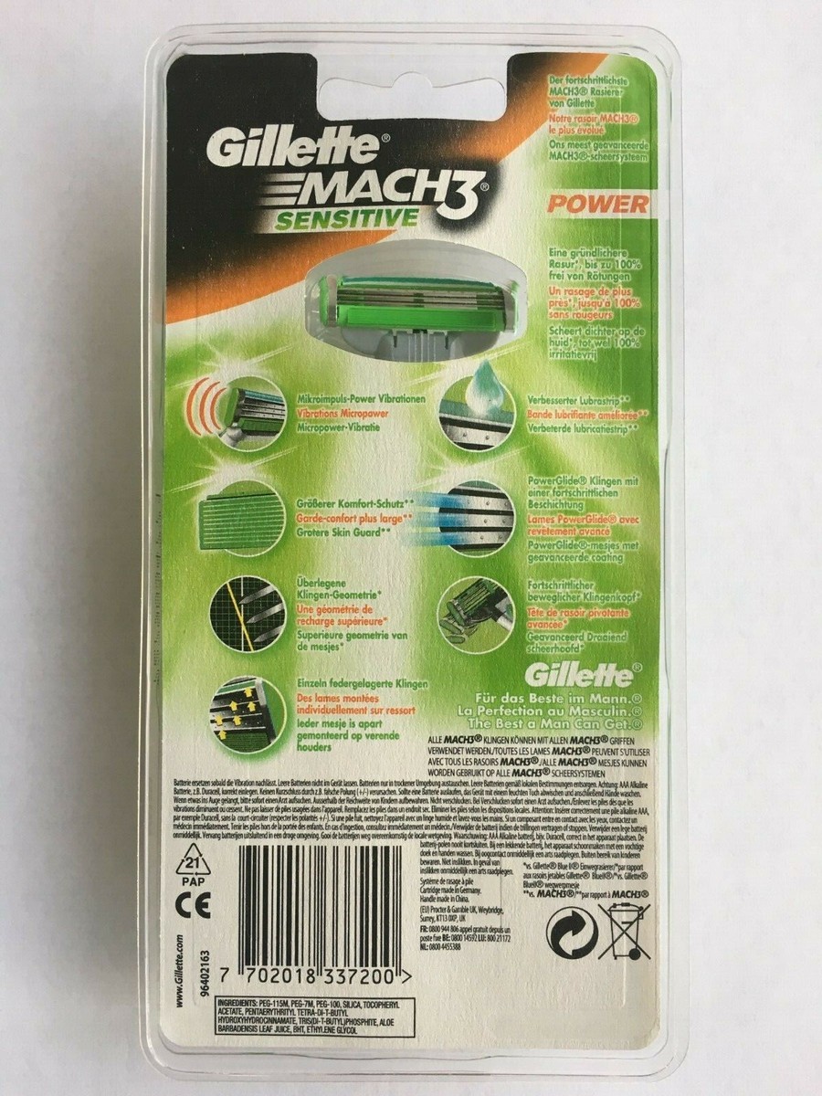 Gillette Mach3 SENSITIVE POWER Razor Blade Shaver Handle 1 Refill
