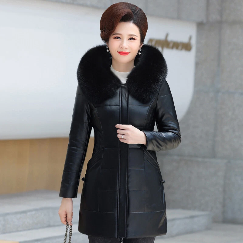 Winter Women's Real Fox Fur Collar Down Jacket Overcoat Mid Long Outwear Leather - Image 4 of 4