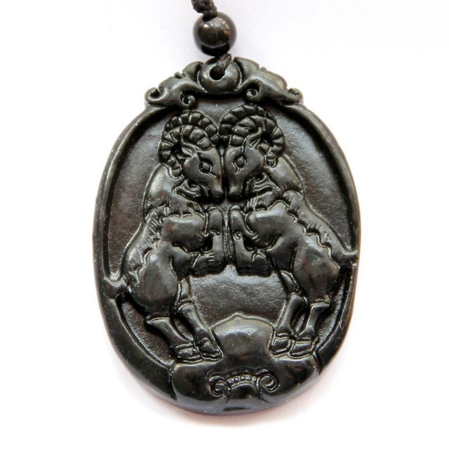 Black Green Jade Happy Lucky Chinese Zodiac Sheep Goats Ruyi Amulet